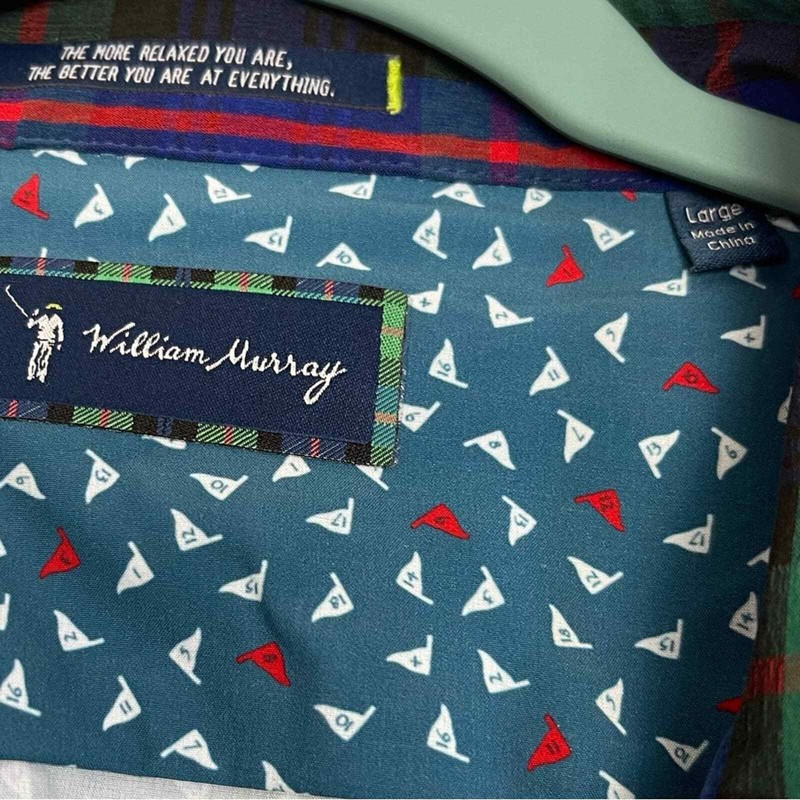 NWOT William Murray Golf Pin High Button-Down Blue Red & White Flags Size Large gallery