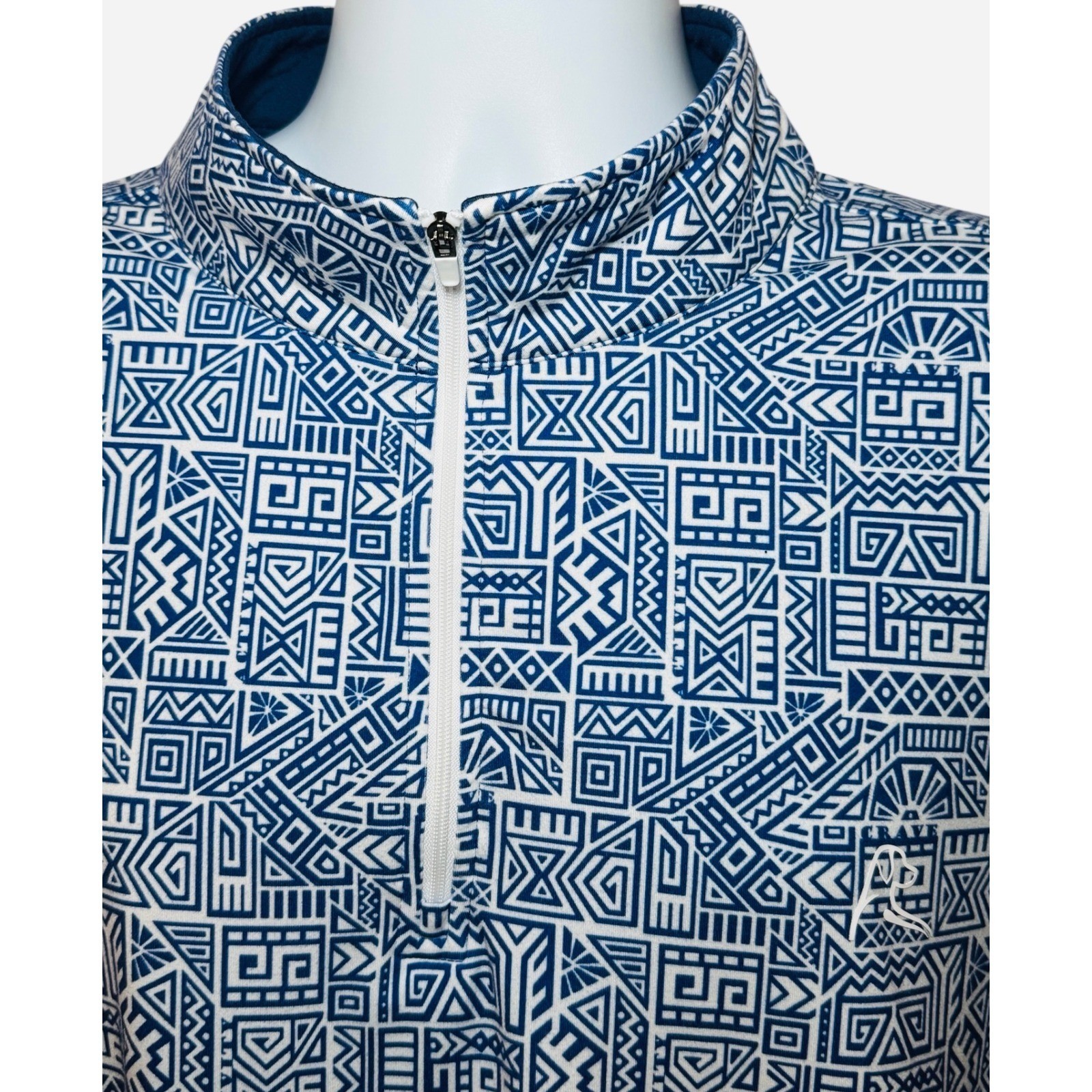 Rhoback Mens XXL Quarter Zip Pullover Blue Geometric Tribal Print Golf Top L/S gallery