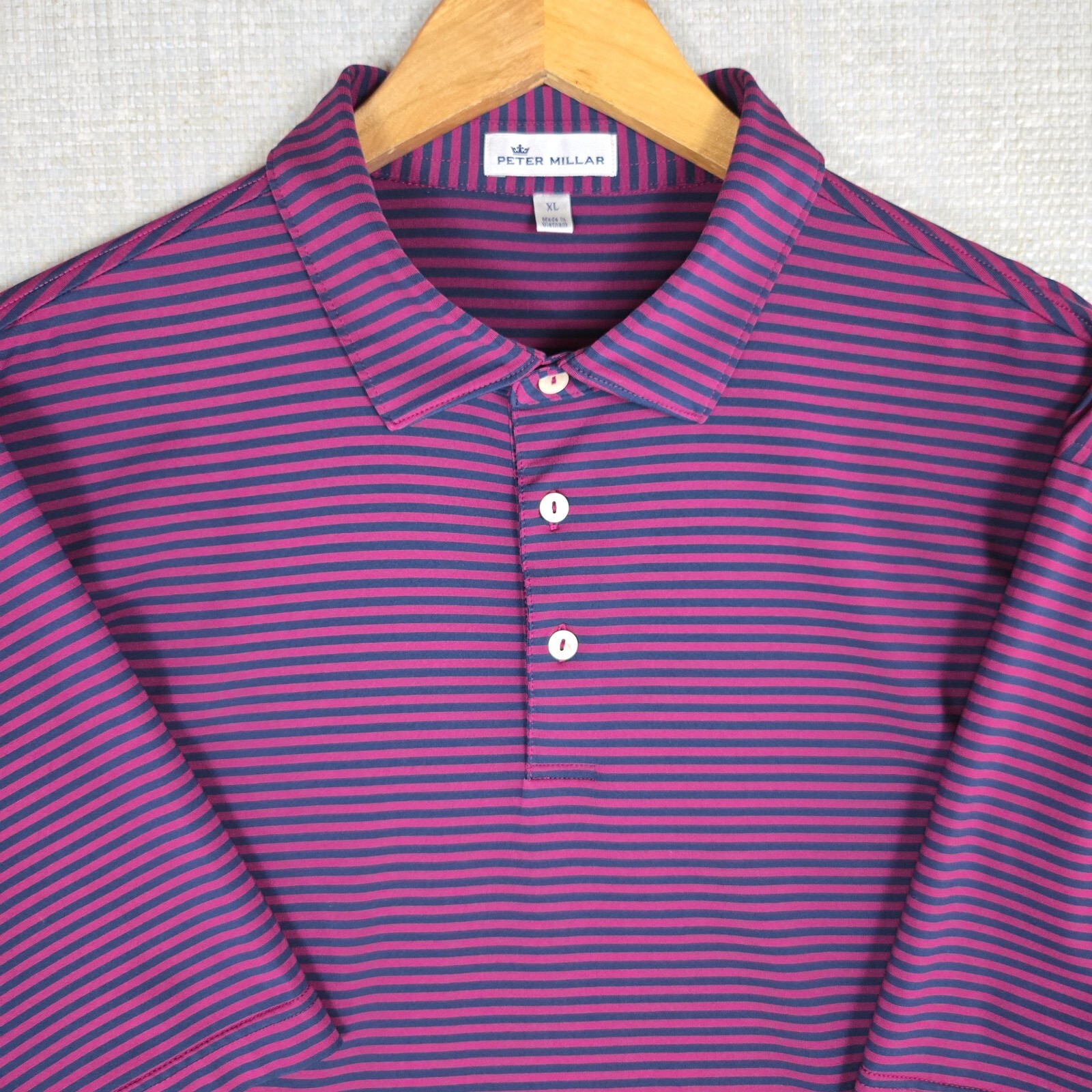 PETER MILLAR Mens Performance Polo Shirt Size XL Magenta Blue Stripe Golf gallery