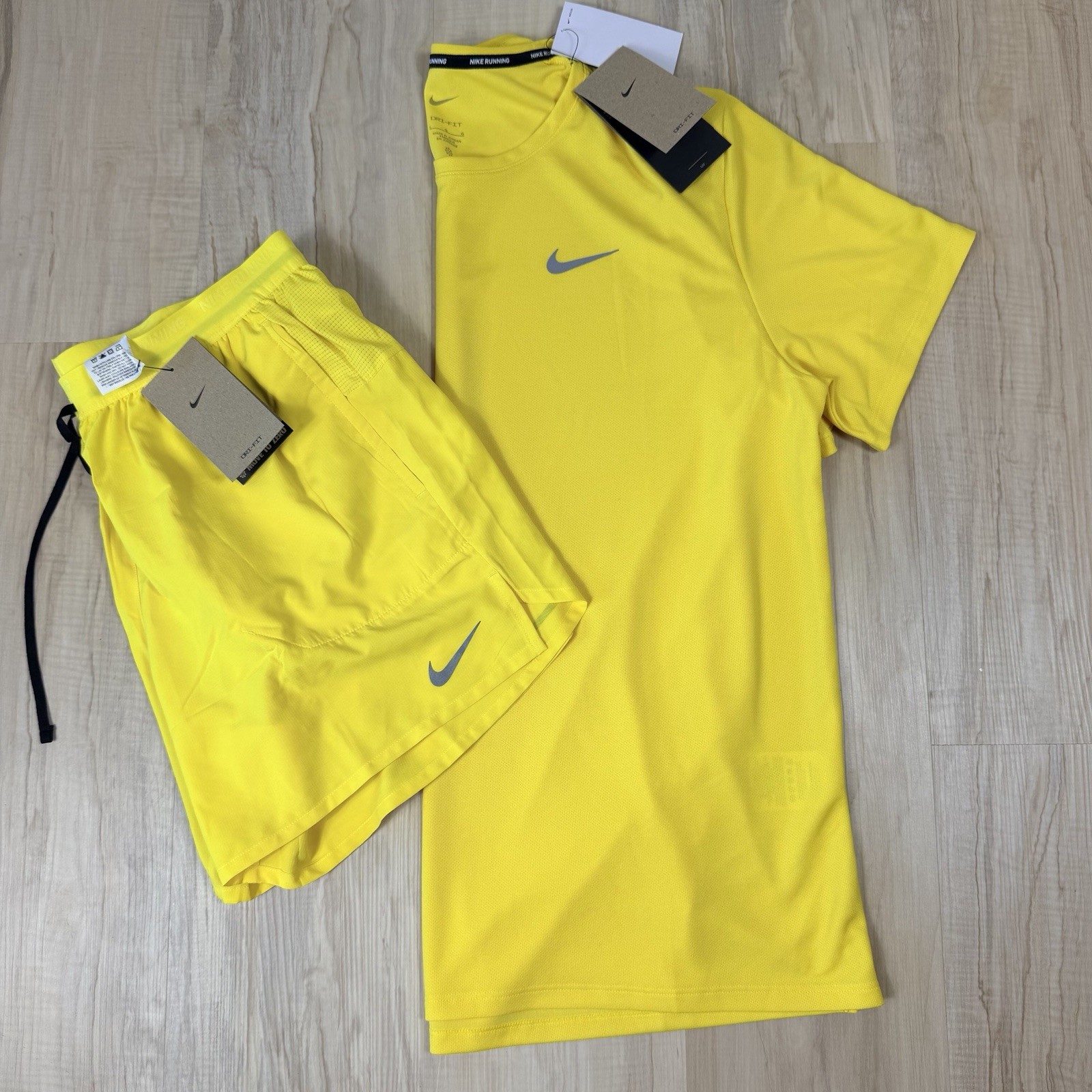 Nike Miler Dri-FIT 2Pc Running Set Men's Size M Reflective Yellow Shirt Shorts gallery