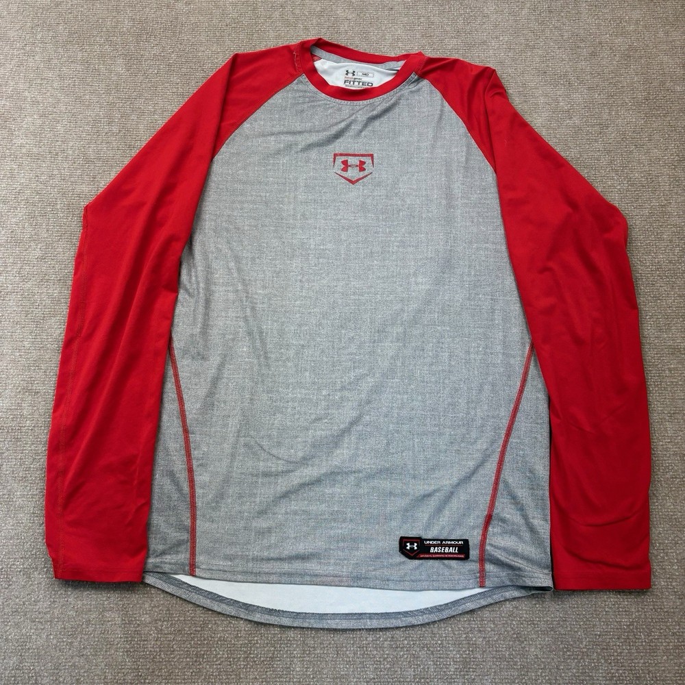 Men’s Under Armor Baseball Shirt Gray And Red Size Medium Fitted