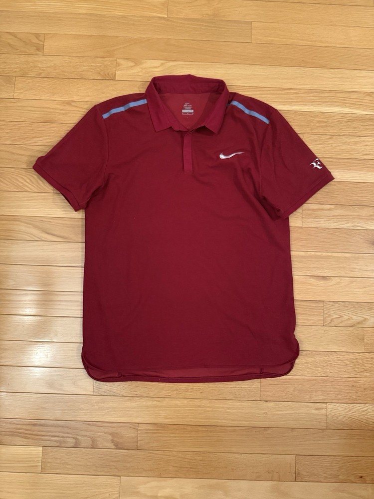 Nike Roger Federer RF Monte Carlo Tennis Polo Shirt Medium Red Gray Dri Fit