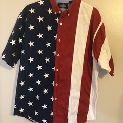 Mens Red Head Short Sleeve Button American Flag Stars Striped Shirt USA Size L