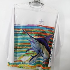Guy Harvey Performance Shirt Mens Large White Excellent Marlin Tuna Graphic LS