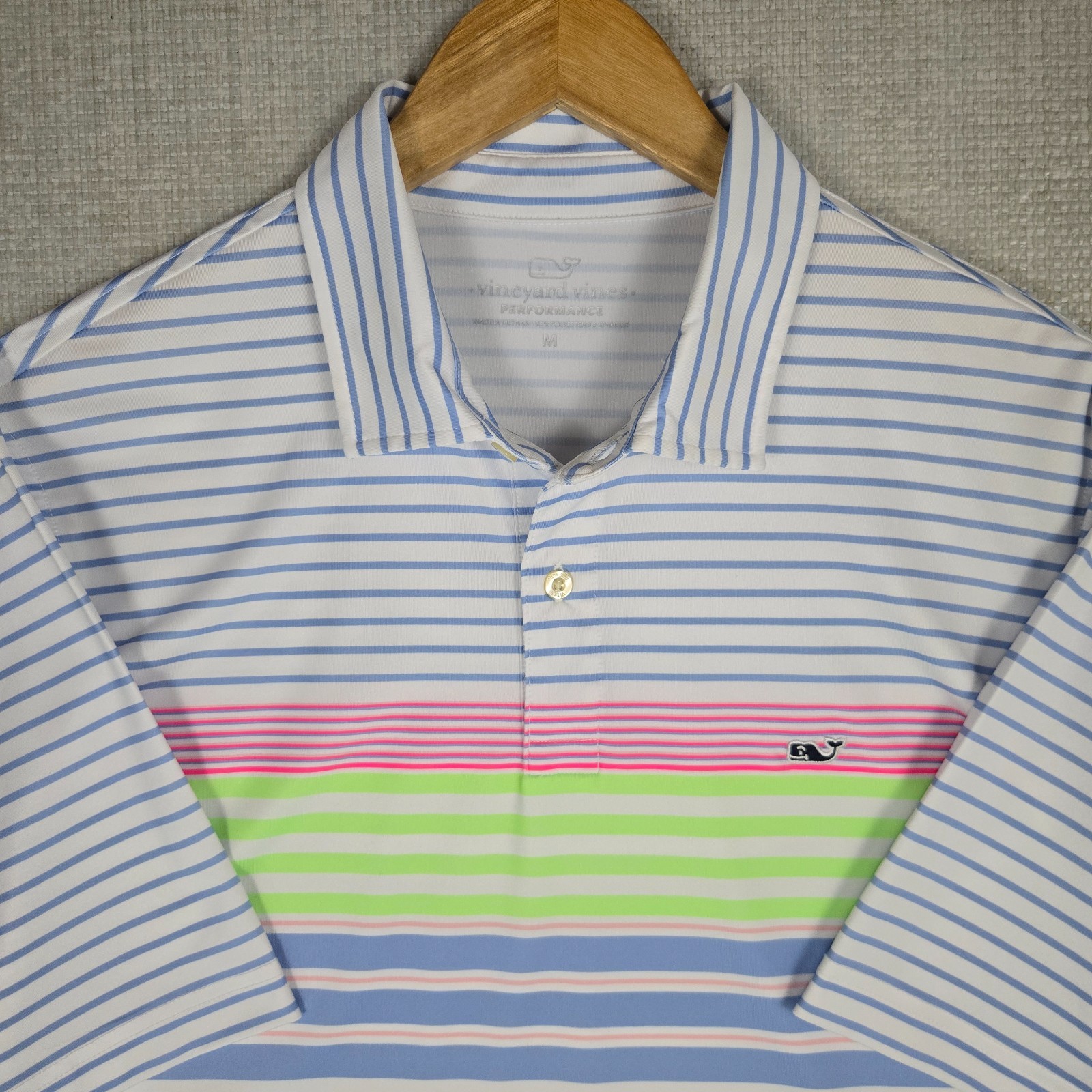 VINEYARD VINES PERFORMANCE Mens Sz Medium Polo Shirt Neon Stripe Wicking Whale gallery