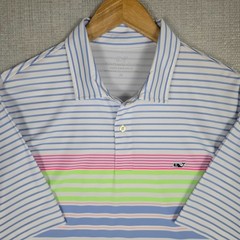 VINEYARD VINES PERFORMANCE Mens Sz Medium Polo Shirt Neon Stripe Wicking Whale
