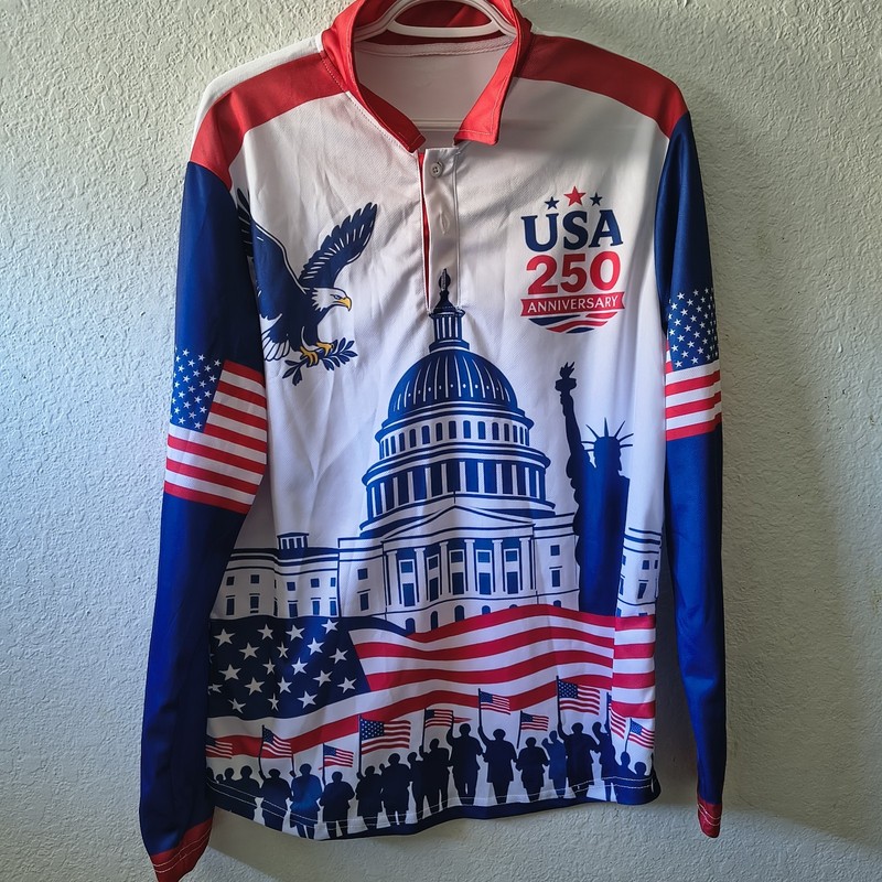 Men's USA 250 Anniversary Patriotic Long Sleeve Polo Shirt L 1/4 Button gallery