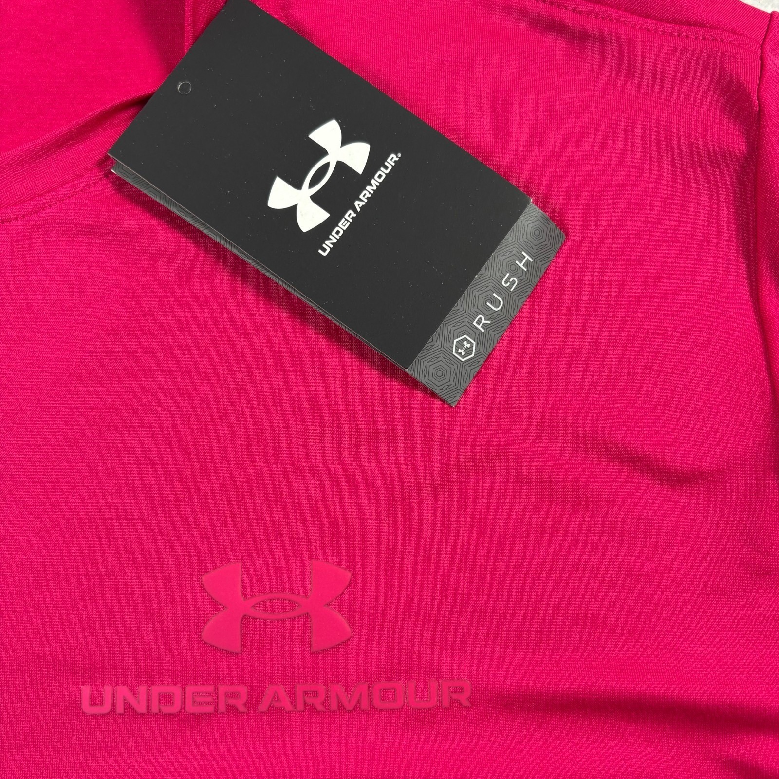 Under Armour Rush Vanish Energy T Shirt Mens Large Pink Logo Side Slit Athletic gallery