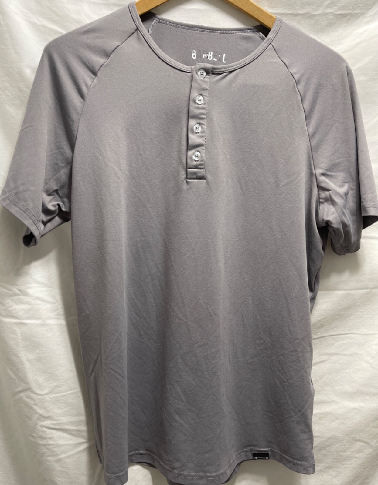 BARBELL SS pullover workout shirt men's size Medium gray henley 4 button placket gallery