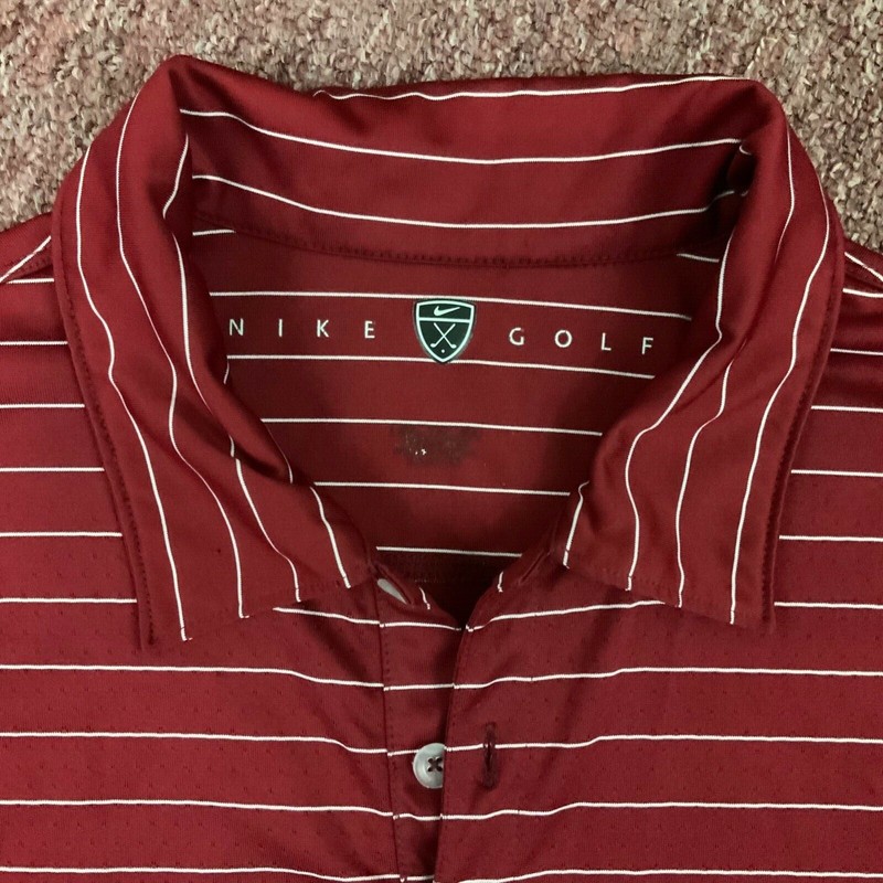 Nike Golf men shirt 3 button Neck Red / Burgundy / white pinstripe Short Sleeve. gallery