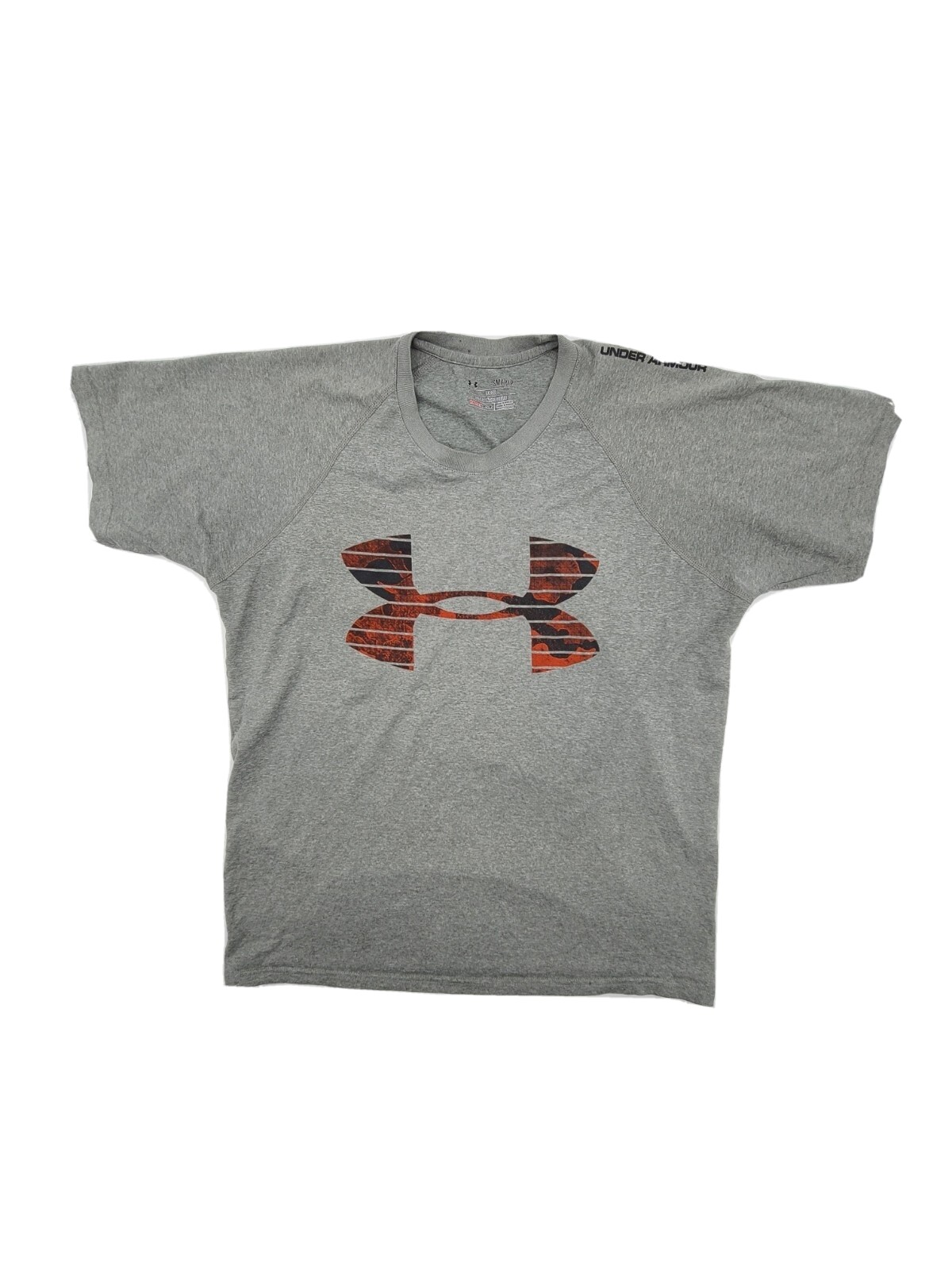 Under Armour Size Small Loose Light Gray And Orange Camo Logo Active Top gallery