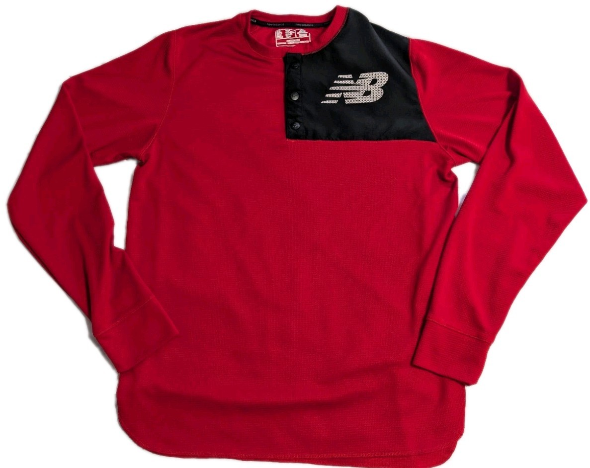 New Balance NB Dry Mens Medium Long Sleeve Henley Red Black Athletic Performance gallery