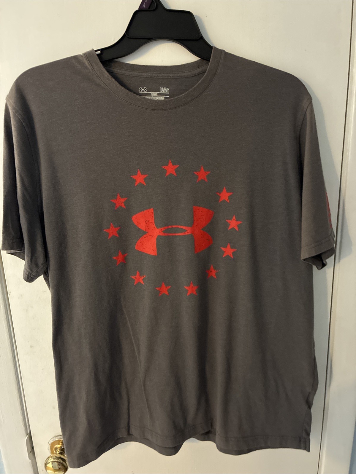 Under Armour Shirt Mens Large Gray Short Sleeve HeatGear Logo Stars Flag Tee gallery