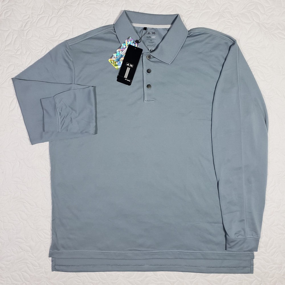 NWT Adidas Long Sleeve Polo Mens XL Coyote Gray Blue Golf Shirt Climacool