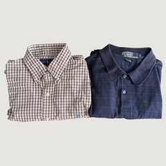 Ralph Lauren Lot 2 Shirts Mens M Brown Gingham Button Down Navy Windowpane Polo