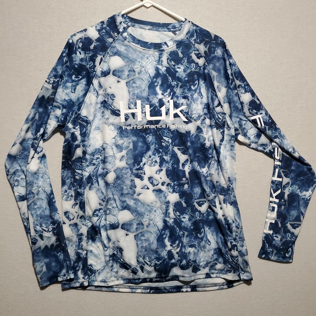 Huk Shirt Mens Large Blue Ocean Camo Performance Fishing Mossy Oak Fracture Dad gallery