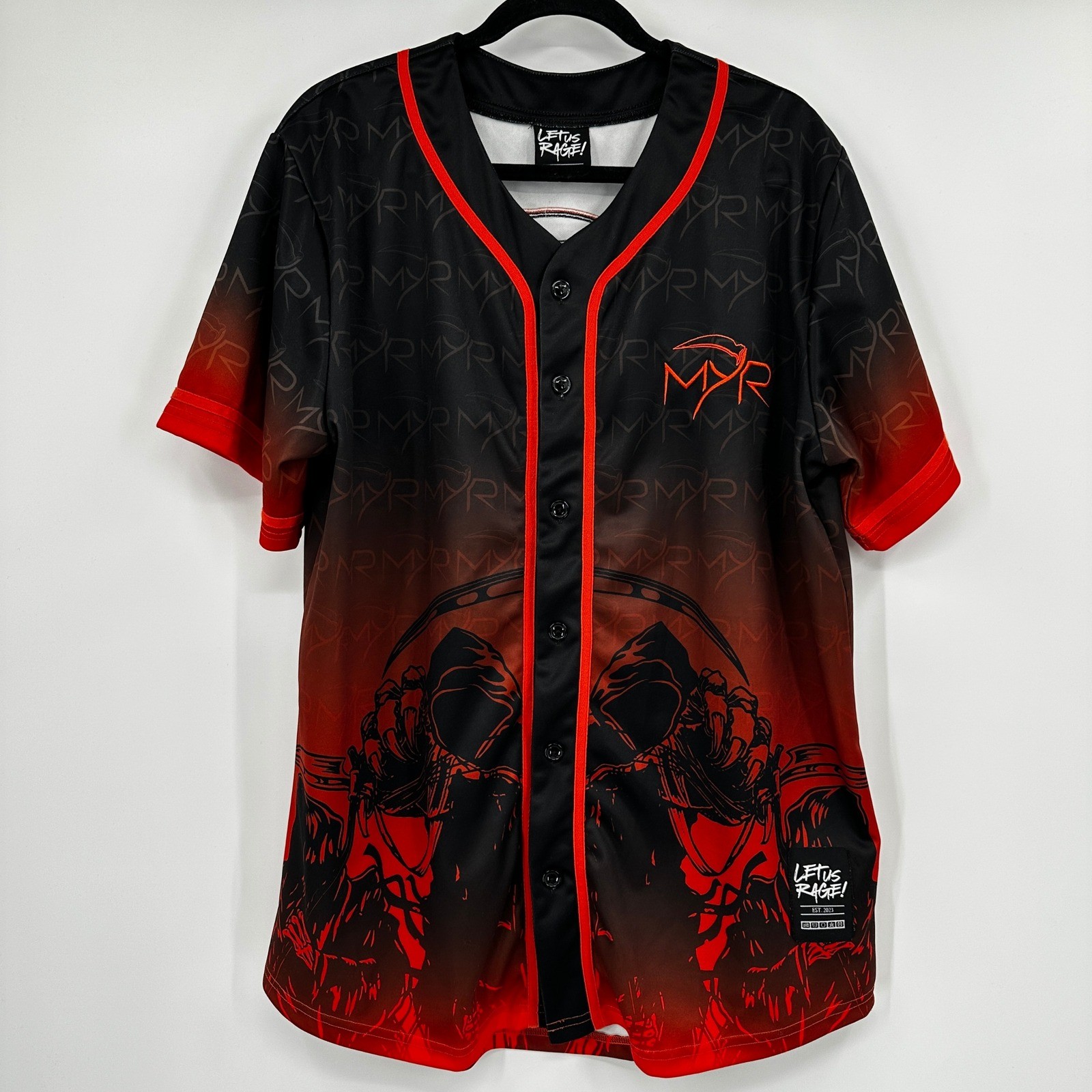 Let Us Rage MYR Grim Reaper Baseball Jersey Mens XL Black Red Scythe Graphic gallery