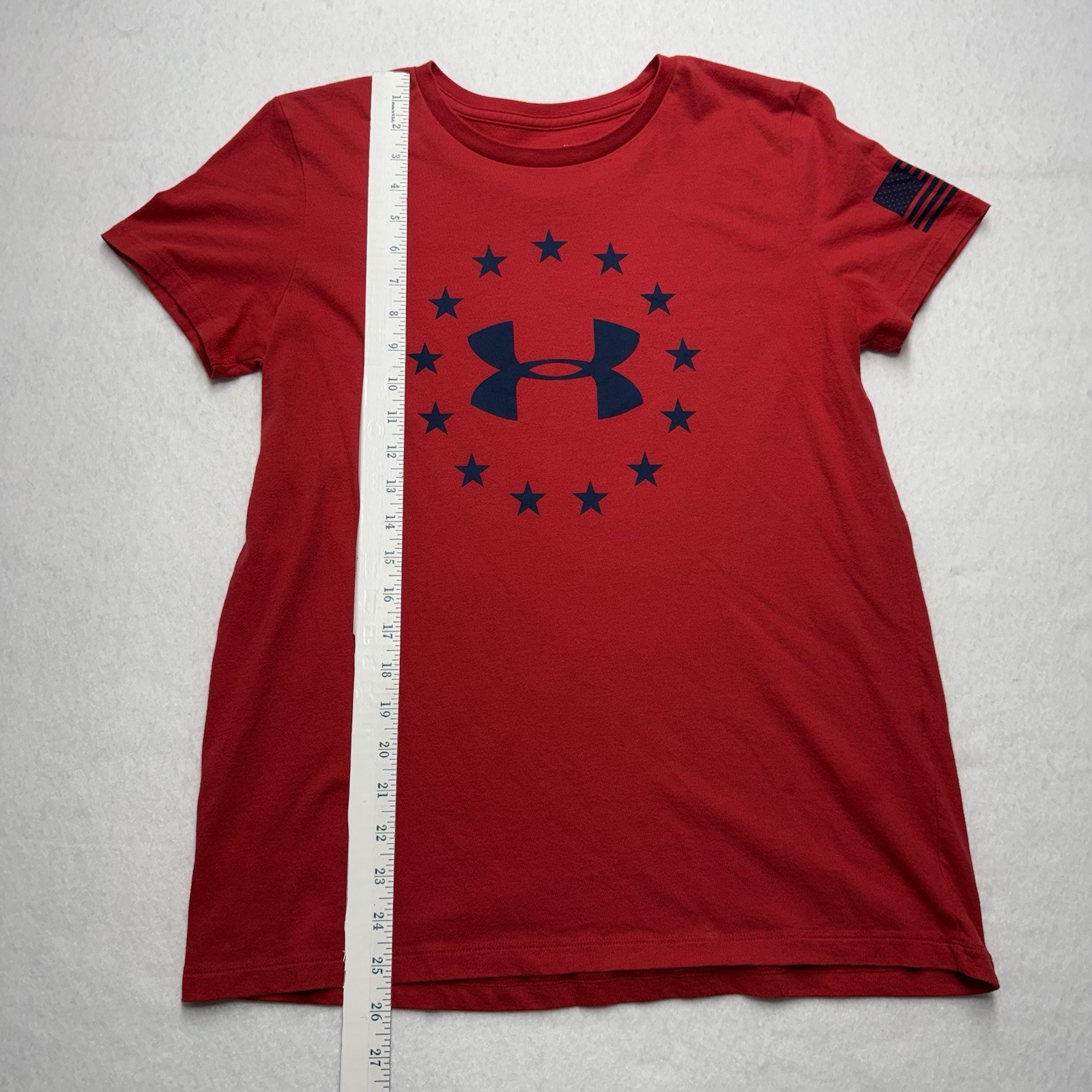 Under Armour Men’s Medium Red Short Sleeve TShirt Black Logo with Stars USA Flag gallery