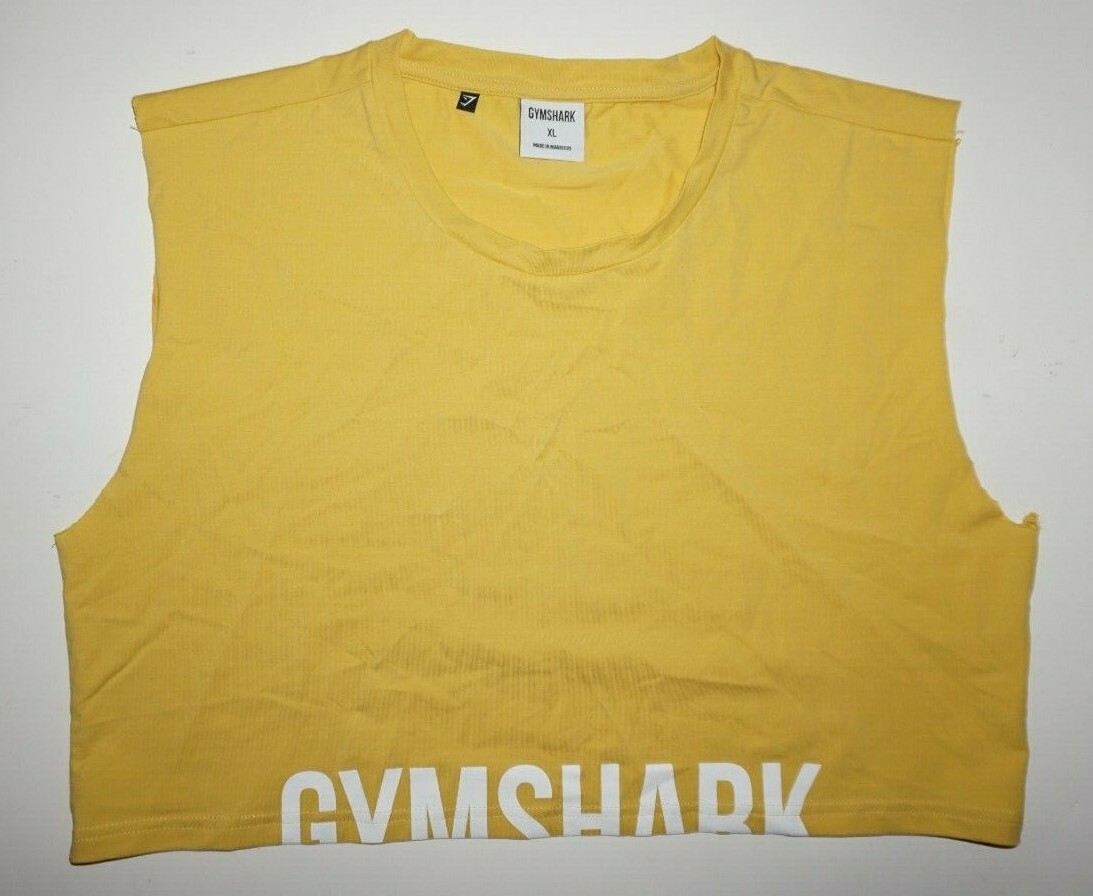 Gym Shark Yellow Cut Off Sleeveless Crop Top Work Out Shirt Sz XL Cotton Blend gallery
