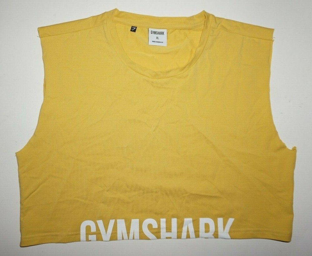 Gym Shark Yellow Cut Off Sleeveless Crop Top Work Out Shirt Sz XL Cotton Blend