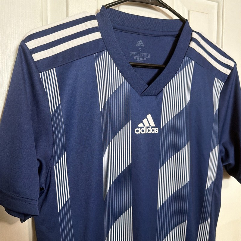 Adidas Soccer Jersey V-Neck Aero ready Mens Small Blue Geometric 3 Stripe gallery