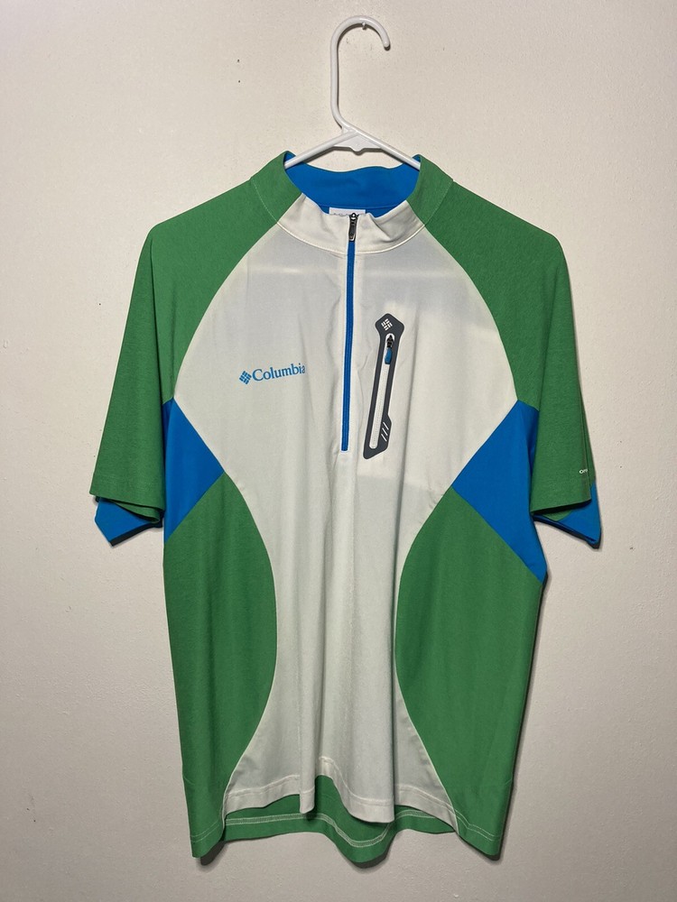 Columbia Omni-Freeze Green White Blue 1/4 Zip Mens Large Breast Pocket Shirt
