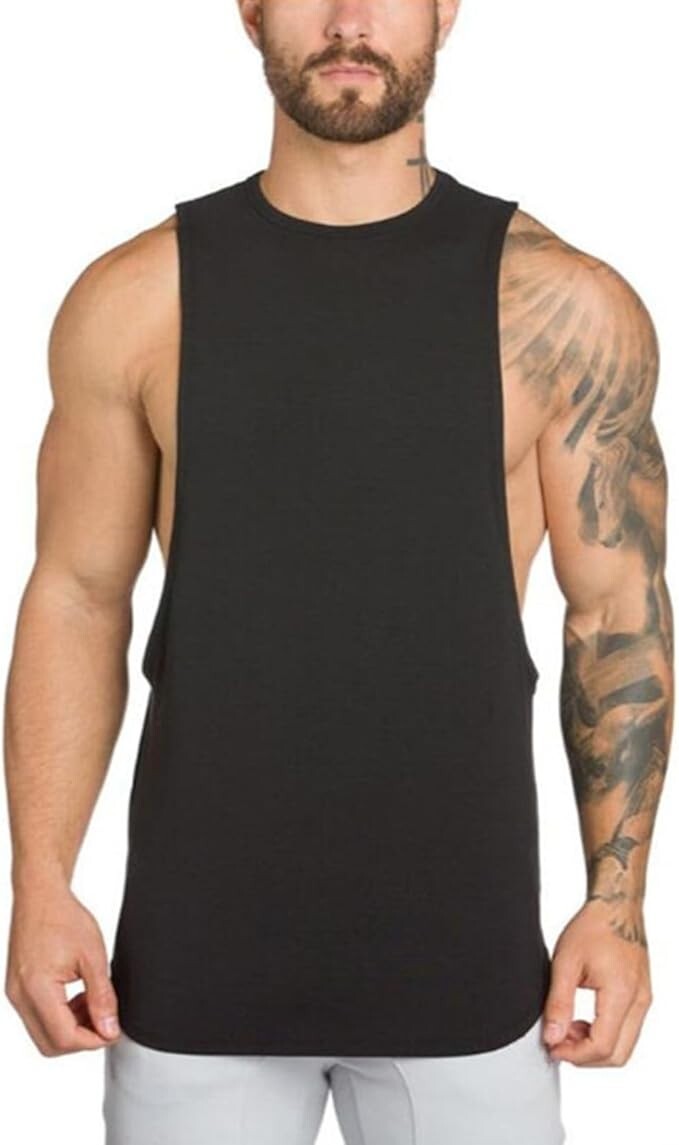 Chuognluzhe Men's New BLACK Low Arm Stringer Tank Top Open Arm Tank Top Drop Tan gallery