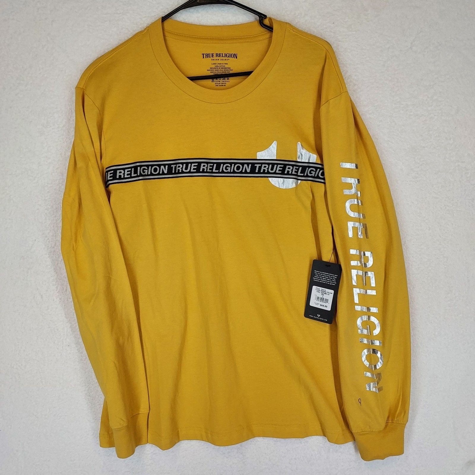 True Religion Men’s Mineral Yellow Long Sleeve Tee Foil Taping Logo Shirt Large gallery