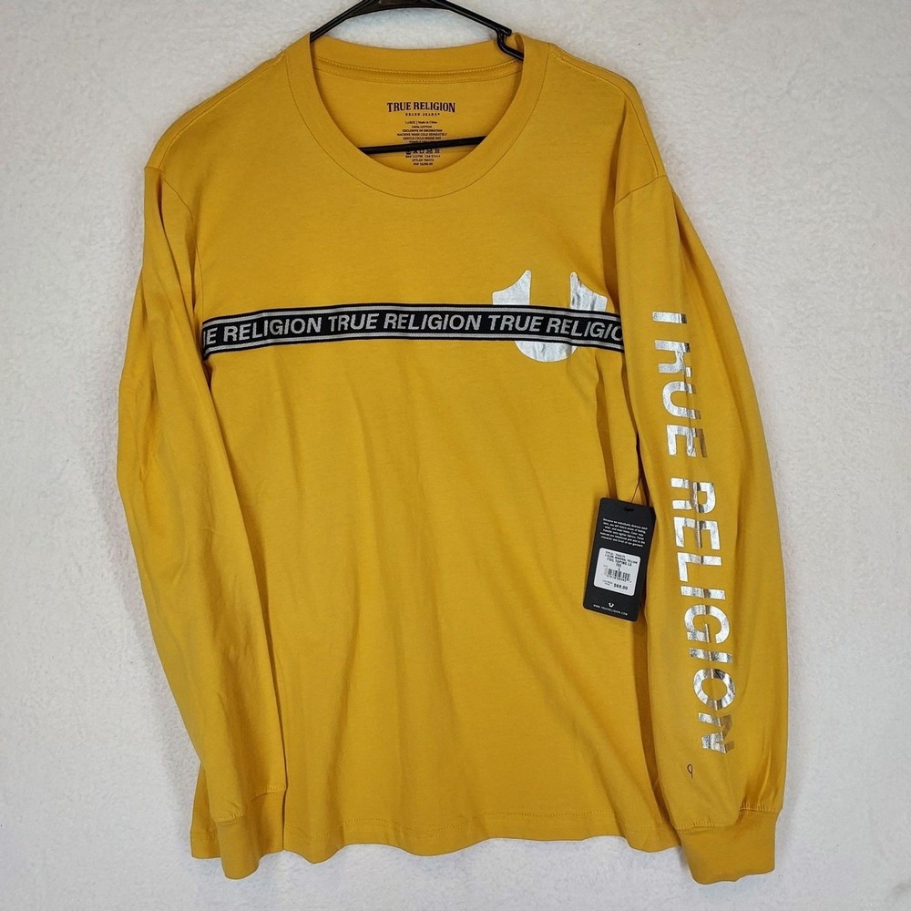 True Religion Men’s Mineral Yellow Long Sleeve Tee Foil Taping Logo Shirt Large
