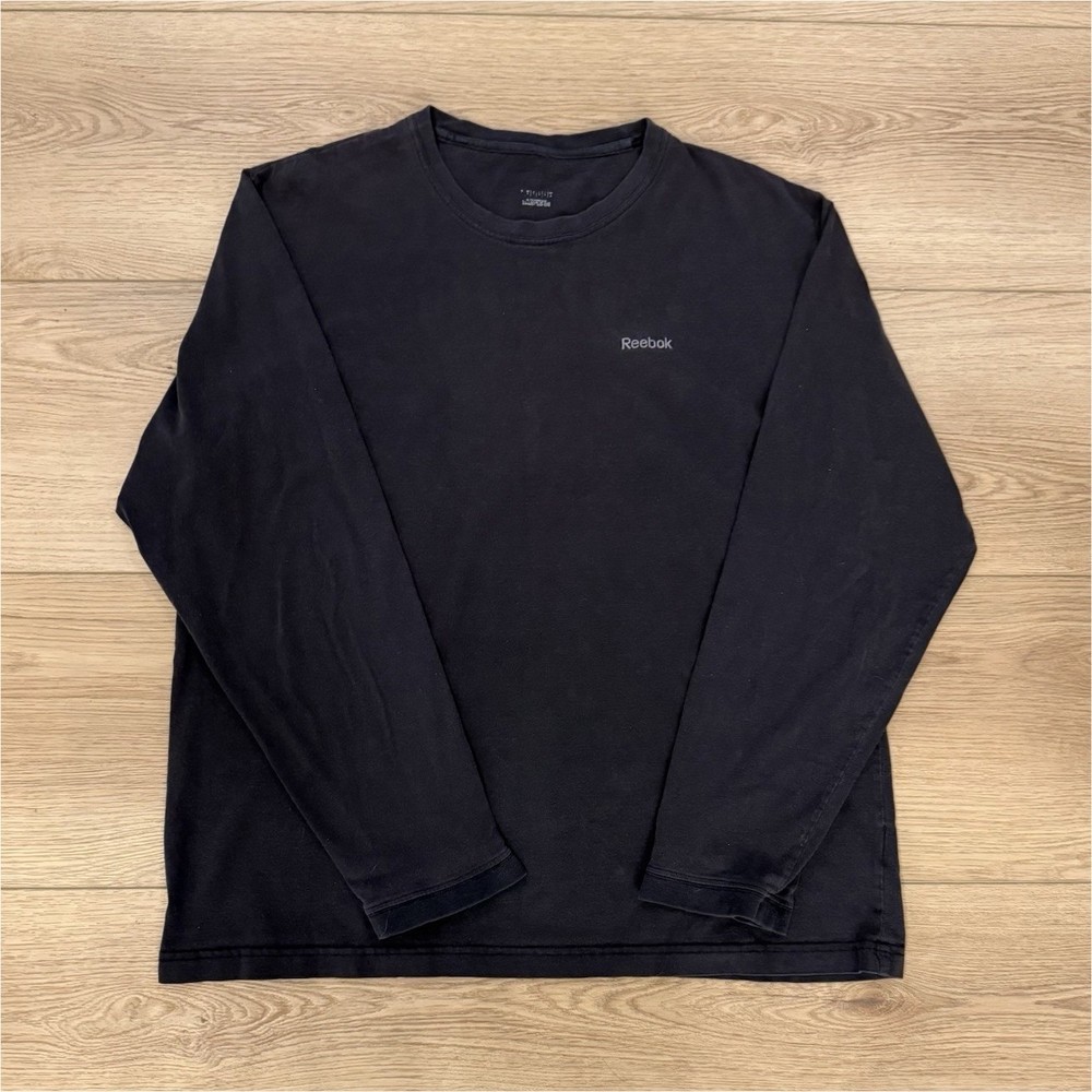 Reebok Black Long Sleeve T Shirt Men XL Vintage Faded Minimal Logo Athletic Tee