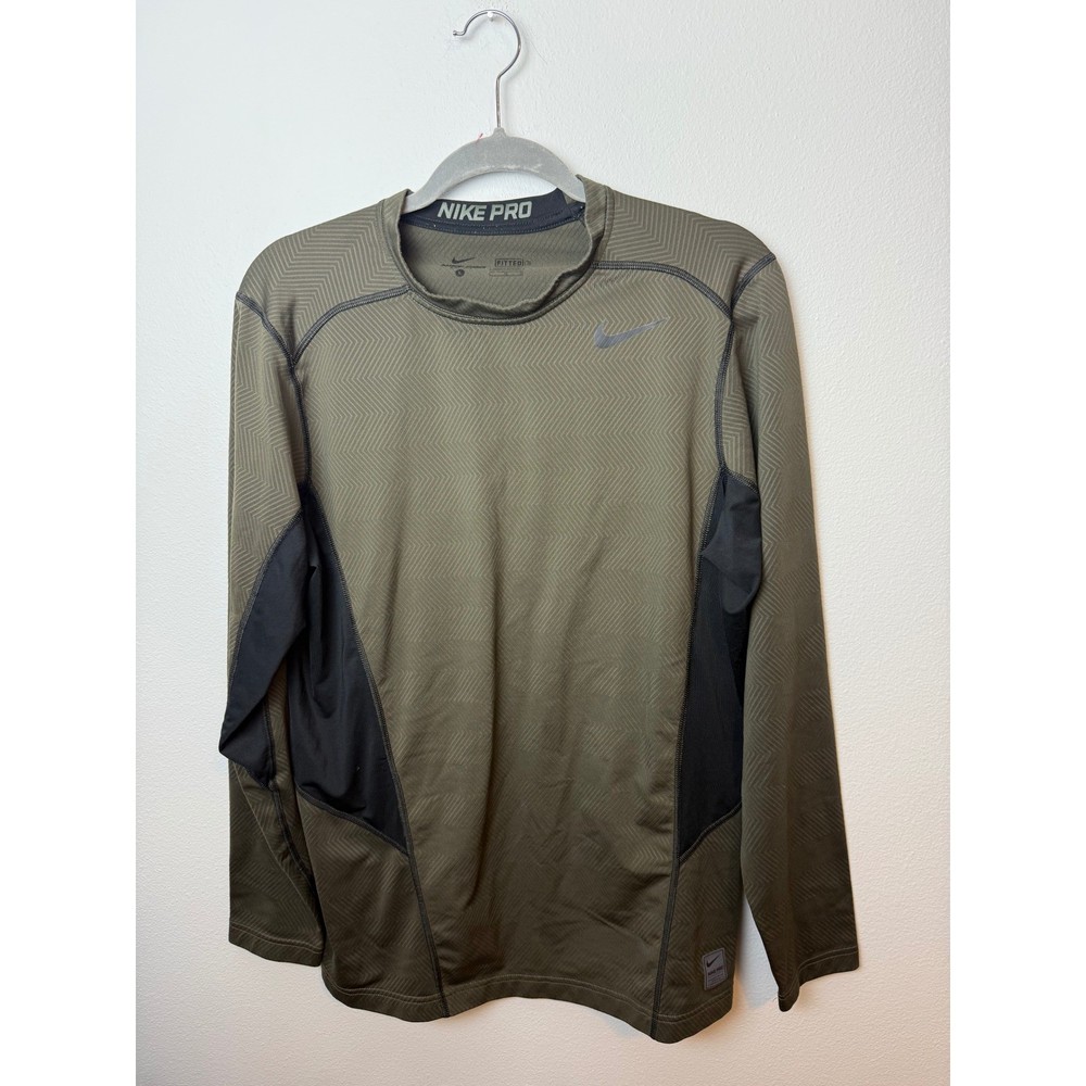Nike Pro Dri-FIT Mens Long Sleeve Fitted Training Shirt Olive Green Black Large