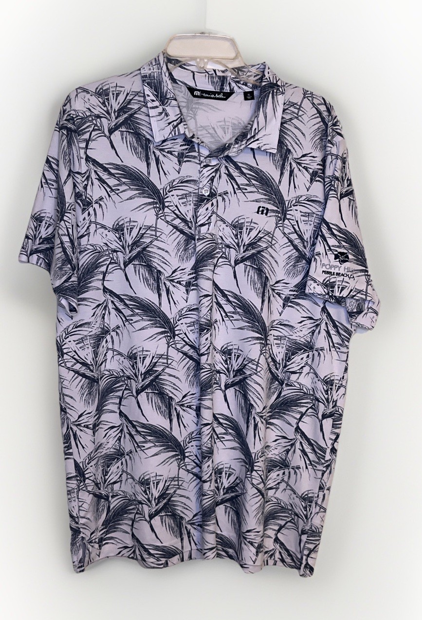 NWOT TRAVIS MATHEW XL WHITE GRAY PALMS GRAPHIC GOLF POLO SHIRT PEBBLE BEACH LOGO gallery