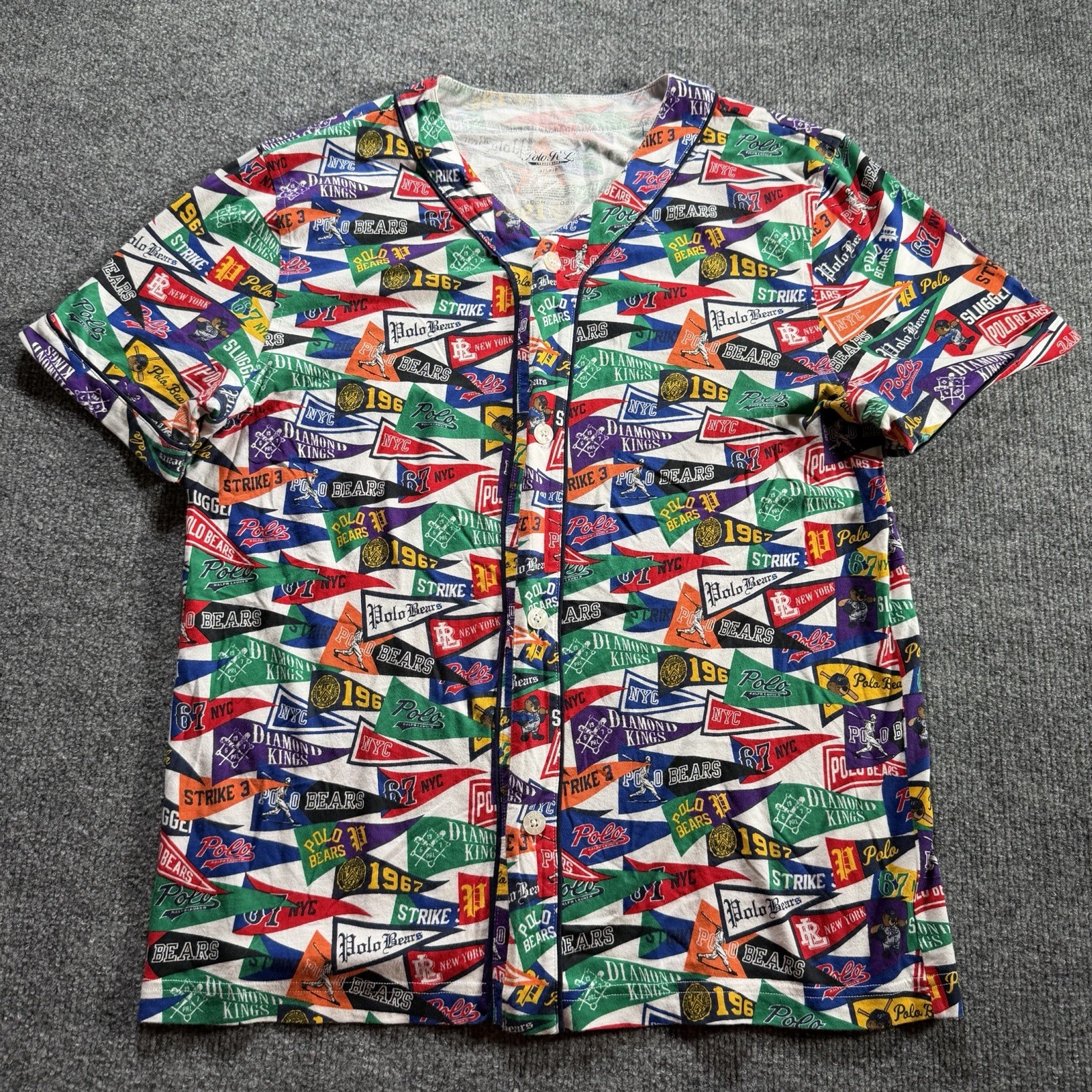 Polo Ralph Lauren Baseball Jersey Shirt Mens Small Flags Pennants Polo Bears gallery