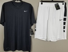 NIKE BASKETBALL OUTFIT SHIRT + ELITE SHORTS CHARCOAL GREY WHITE NEW (SIZE LARGE)