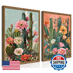 Framed Mexican Cactus Canvas Wall Art Set of 2, Vintage Desert Floral Wall Decor