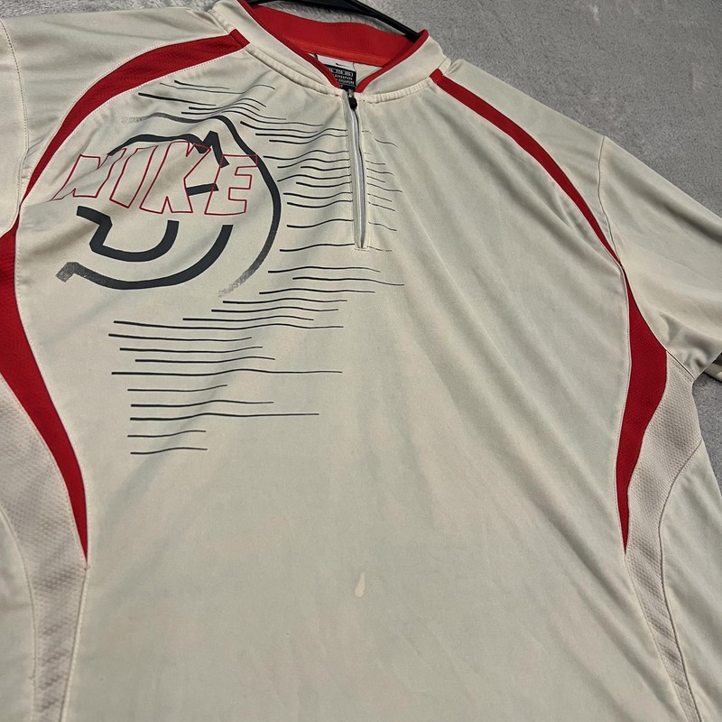 Nike Shirt Mens XL Beige Red Swoosh Performance Polo Athletic Quarter Zip VTG gallery