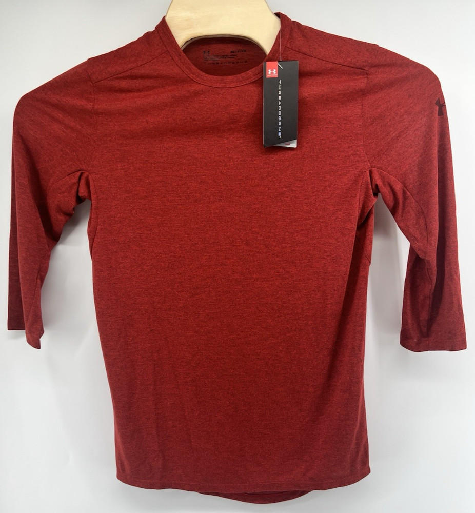 Under Armour Mens Threadborne 3/4 Sleeve Shirt Small Fitted New Red Heather