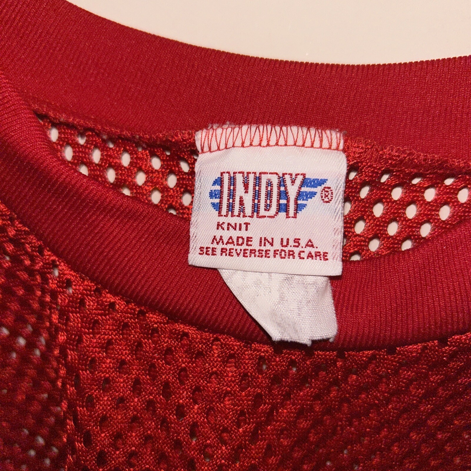 Vintage INDY Knit Red Mesh Fabric Oversized Made in USA Large Practice Jersey gallery