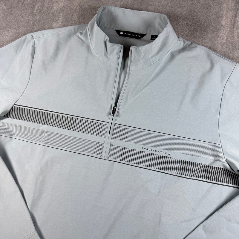 TravisMathew Mens XL 1/4 Zip Pullover Golf Shirt Light Blue Gray Stripe gallery