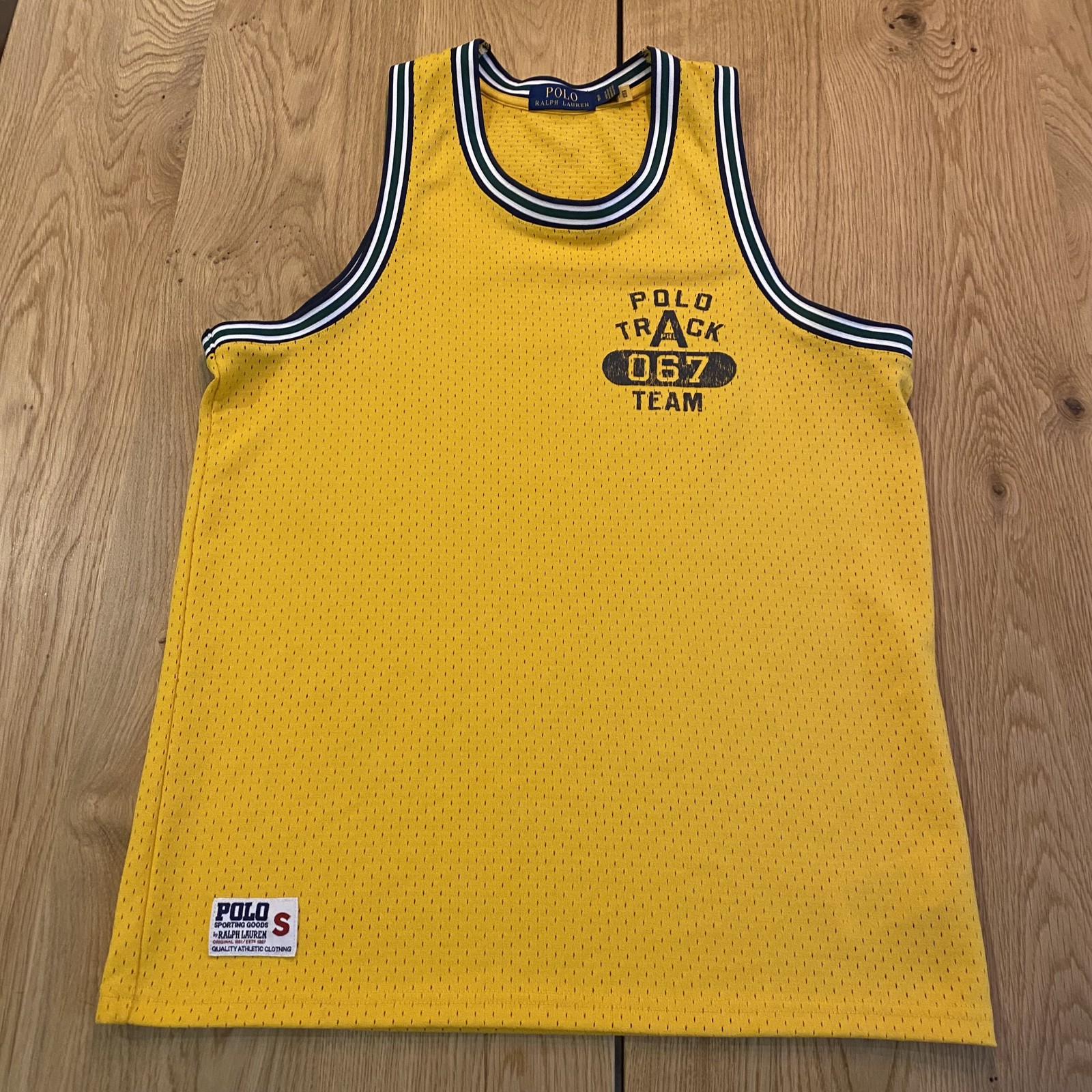 Polo Ralph Lauren Mesh Retro Track Tank jersey Men's Yellow SMALL Rare HTF gallery