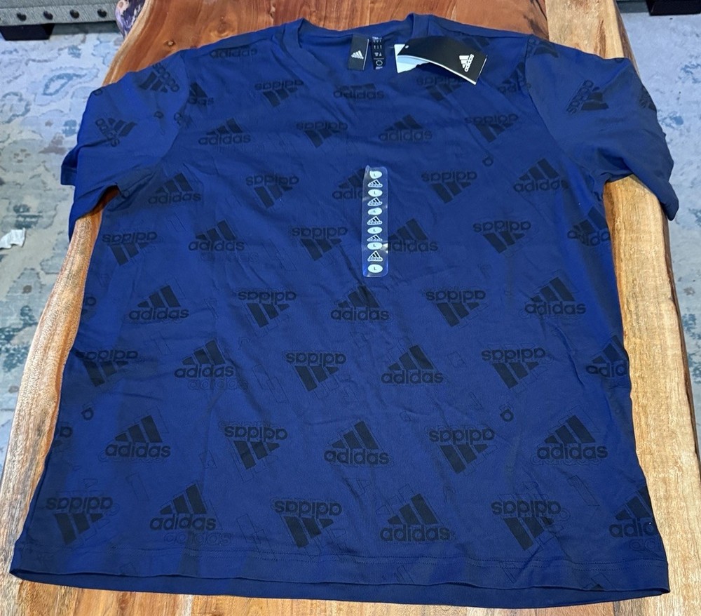 Adidas Blue Logo Pattern Print Gym Tee Men’s Size L 100% Cotton NWT