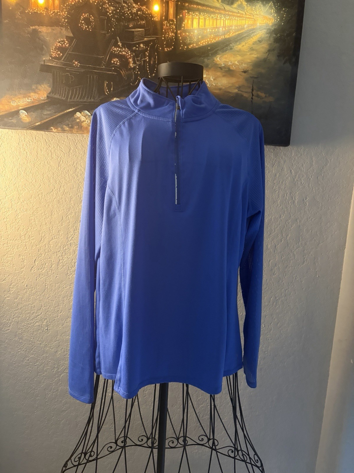 Men's Blue Solid 1/4 Zip Mock Neck Stand-Up Collar Long Sleeve Pullover gallery