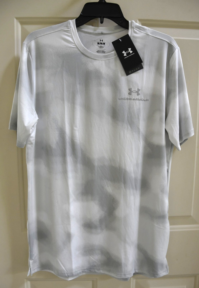 NWT Under Armour RUSH Vanish Energy Print Mens Medium White Gray T-shirt 1383974