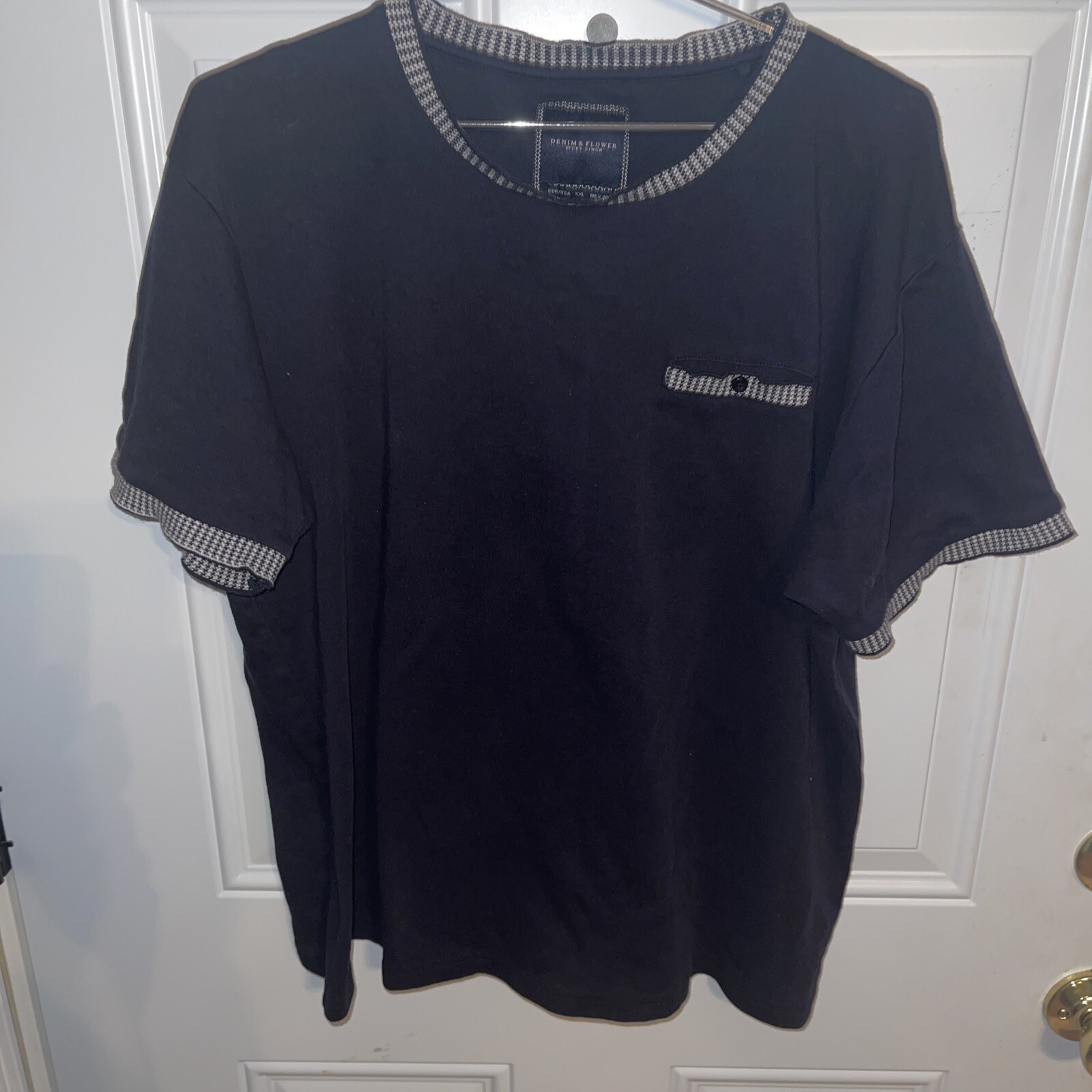 Denim & Flower Textured Short Sleeve Shirt Dark Blue Pocket XXL NWOT gallery