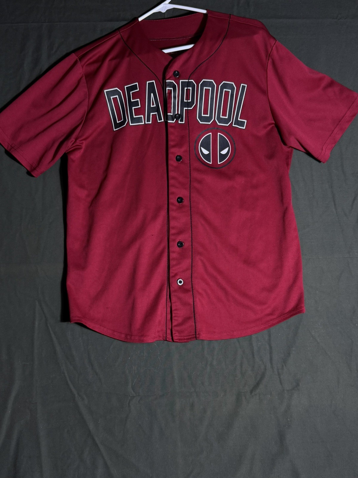 Marvel Deadpool Baseball Jersey Tacos L #90 Red Black Button Up Large gallery