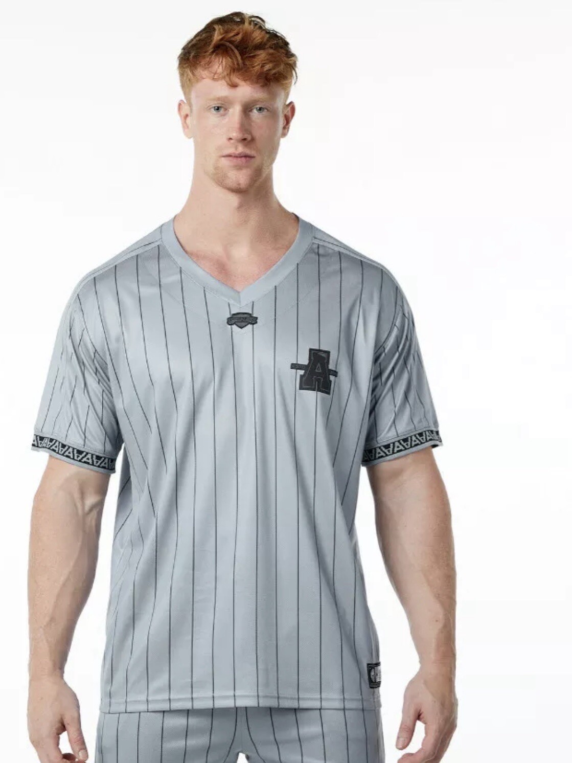 Alphalete Men’s Varsity NFL Basketball Jersey - Grey Pinstripe , Size Medium gallery