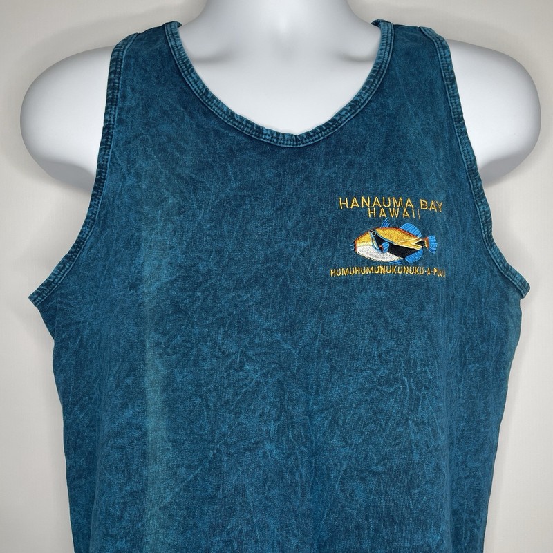 Vintage 80s Bay Side Blue Acid Wash Embroidered Fish Hawaiian Tank Top Size M gallery