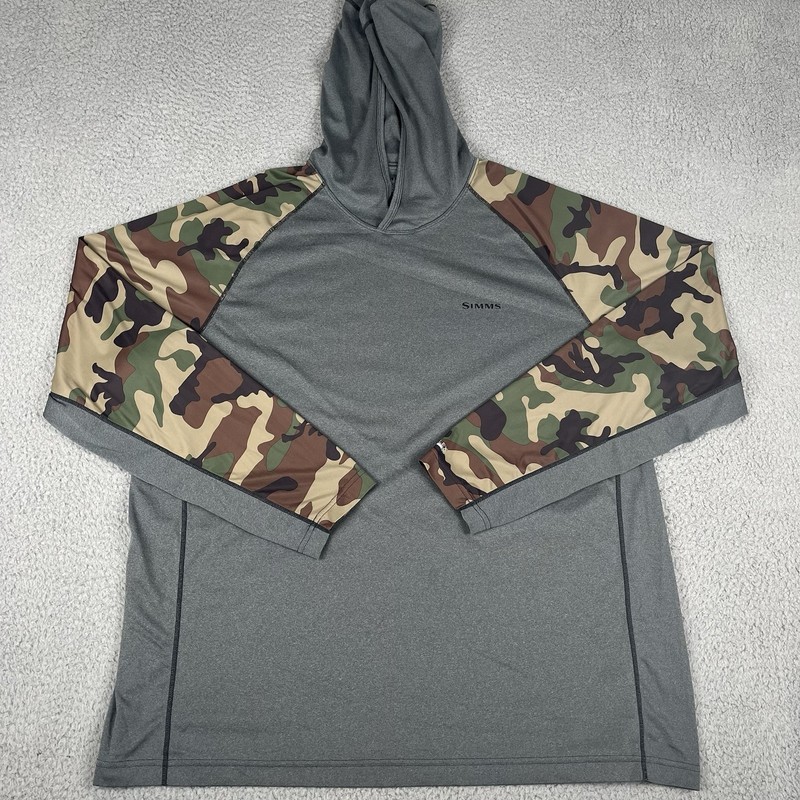 Simms Hoodie Mens XXL Gray Camo SolarFlex UPF 50 Fishing Performance Sun Shirt gallery