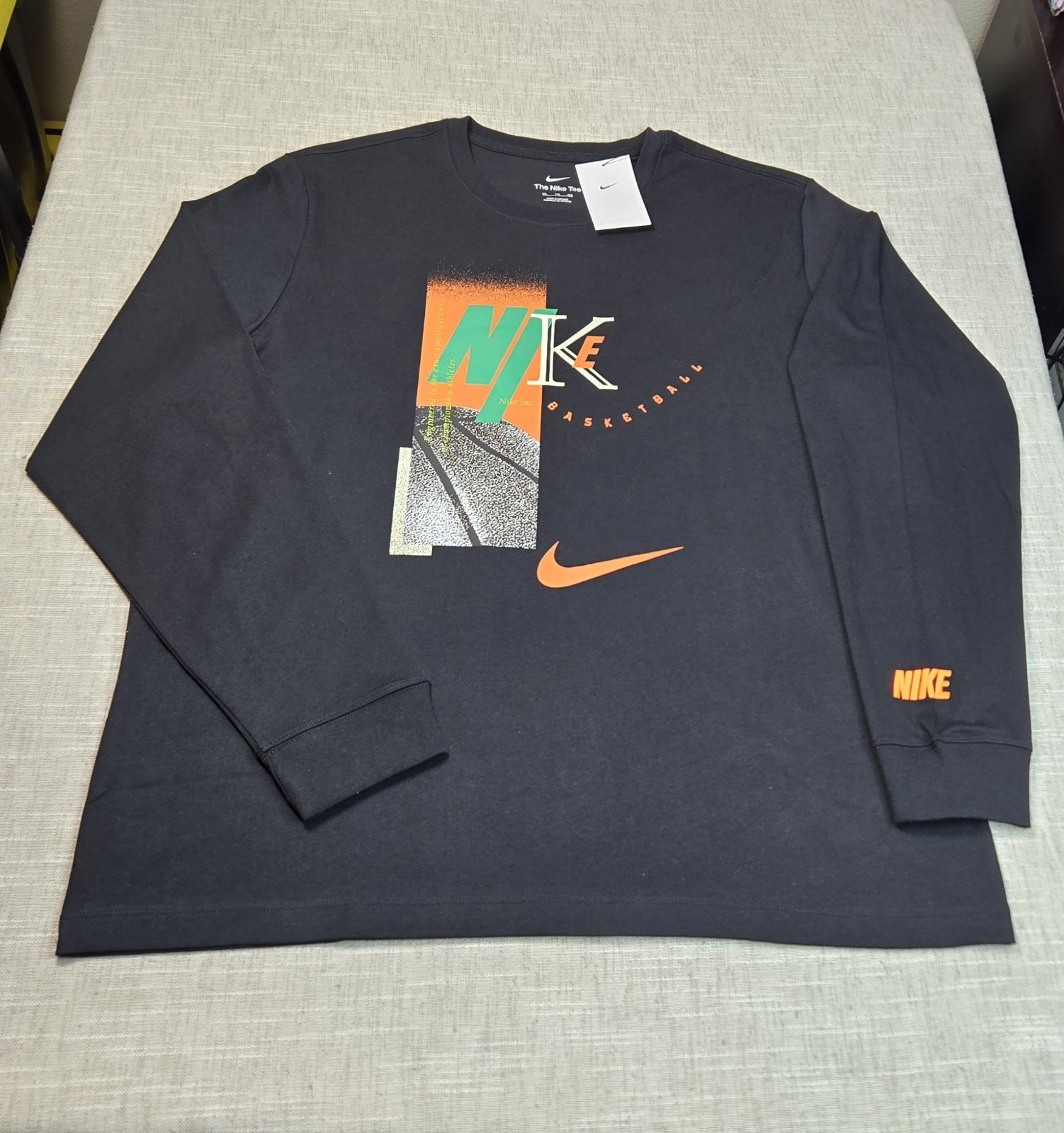NIKE Basketball T-Shirt 2XL Mens Black Orange Green Long Sleeve Graphic Crewneck gallery