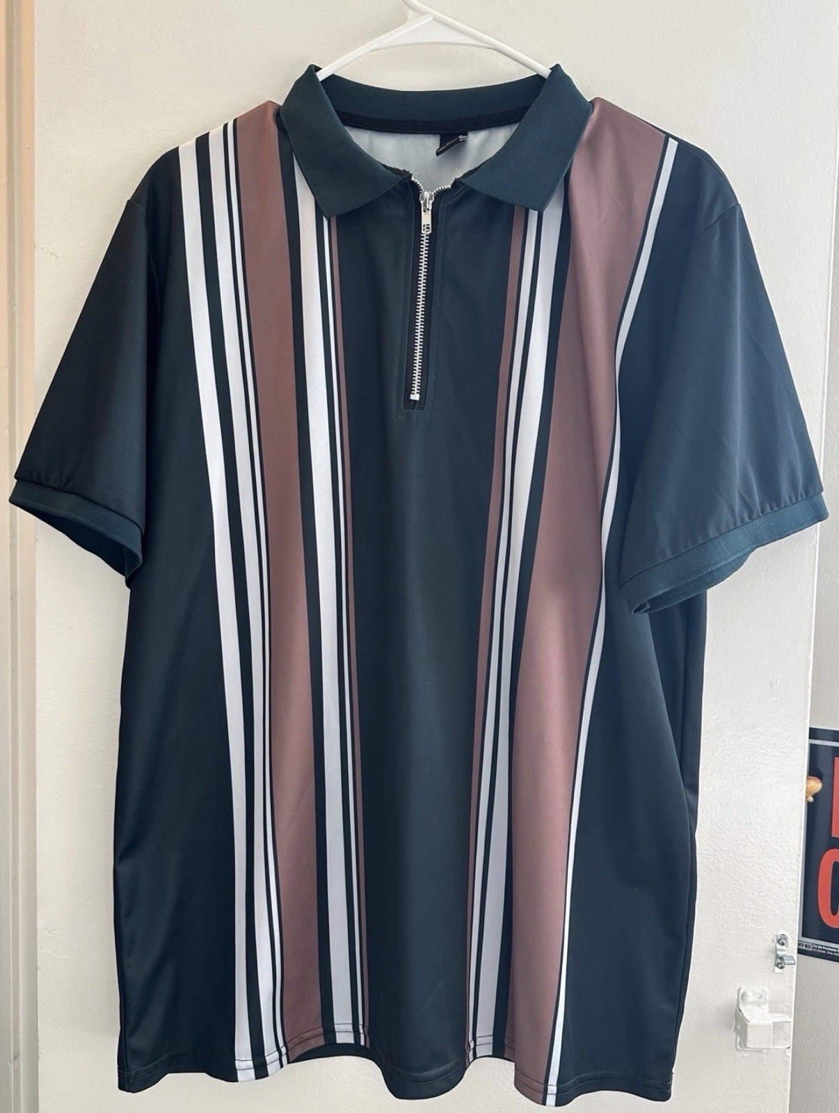 Manfinity XL Striped 1/4 Zip Polo Shirt Black Brown White Collared Short Sleeve gallery